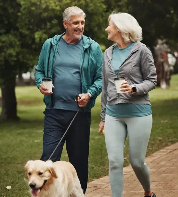 Happy elderly couple walking together on a sunny day